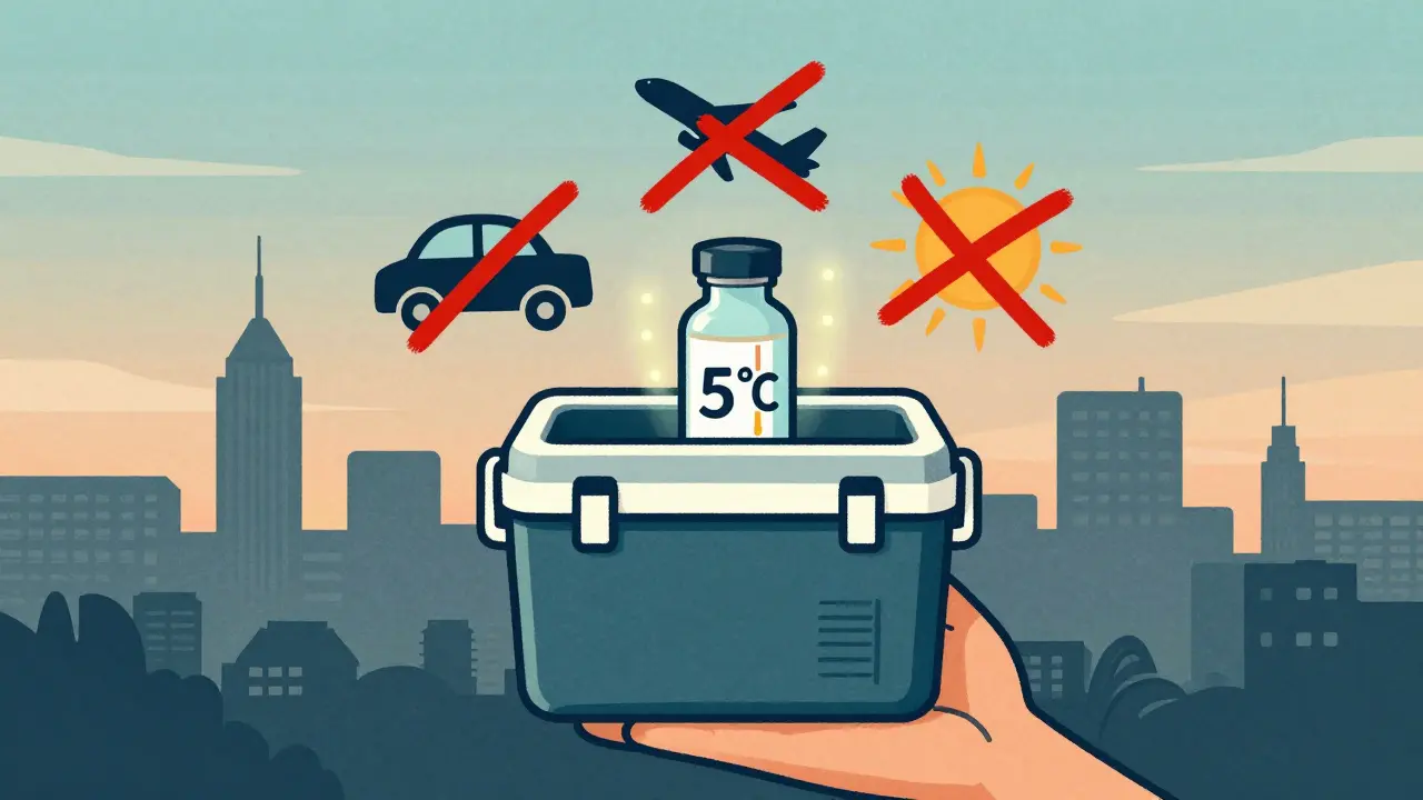 Portable cooler with biologic vial and thermometer reading 5°C, surrounded by crossed-out icons of car, plane, and sun.