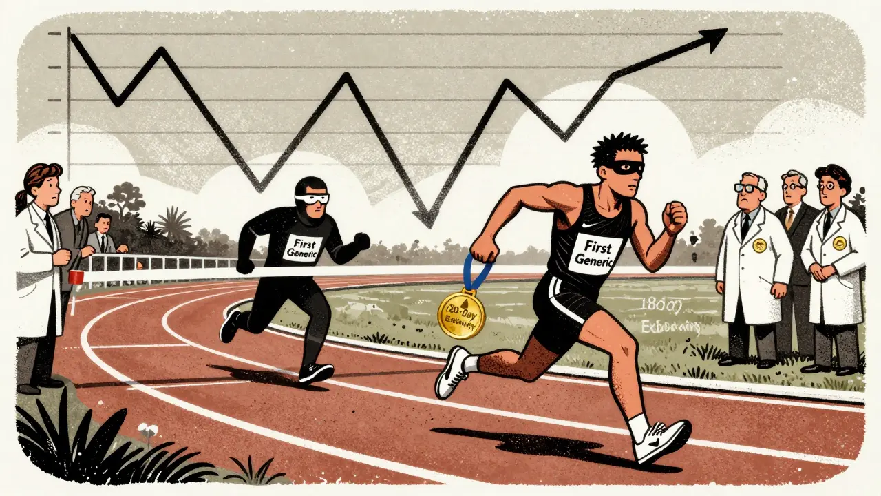 Race track where first generic is overtaken by brand company in identical gear.