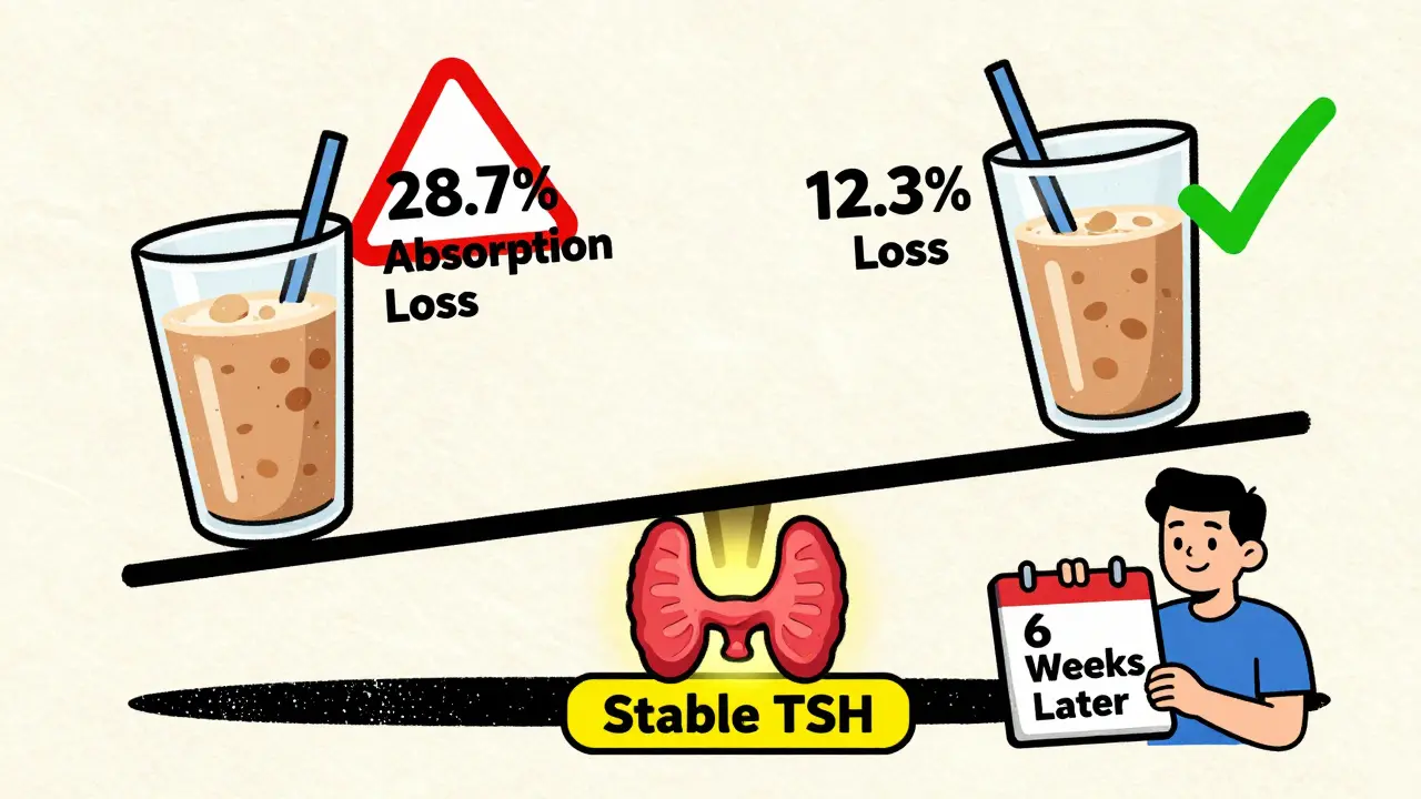Seesaw comparing whey and pea protein effects on thyroid absorption, with a glowing thyroid and calendar showing 6-week improvement.