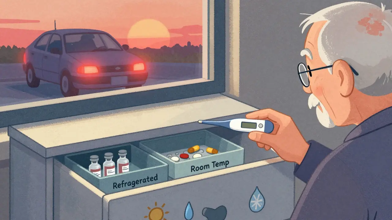 Senior checking a thermometer beside labeled storage bins for medications in a bedroom drawer.