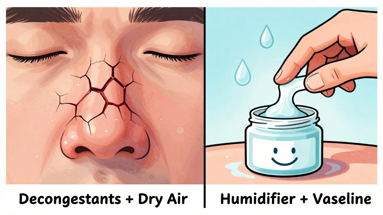 Side-by-side comparison of damaged vs. healthy nasal lining, showing prevention methods in screenprint aesthetic.