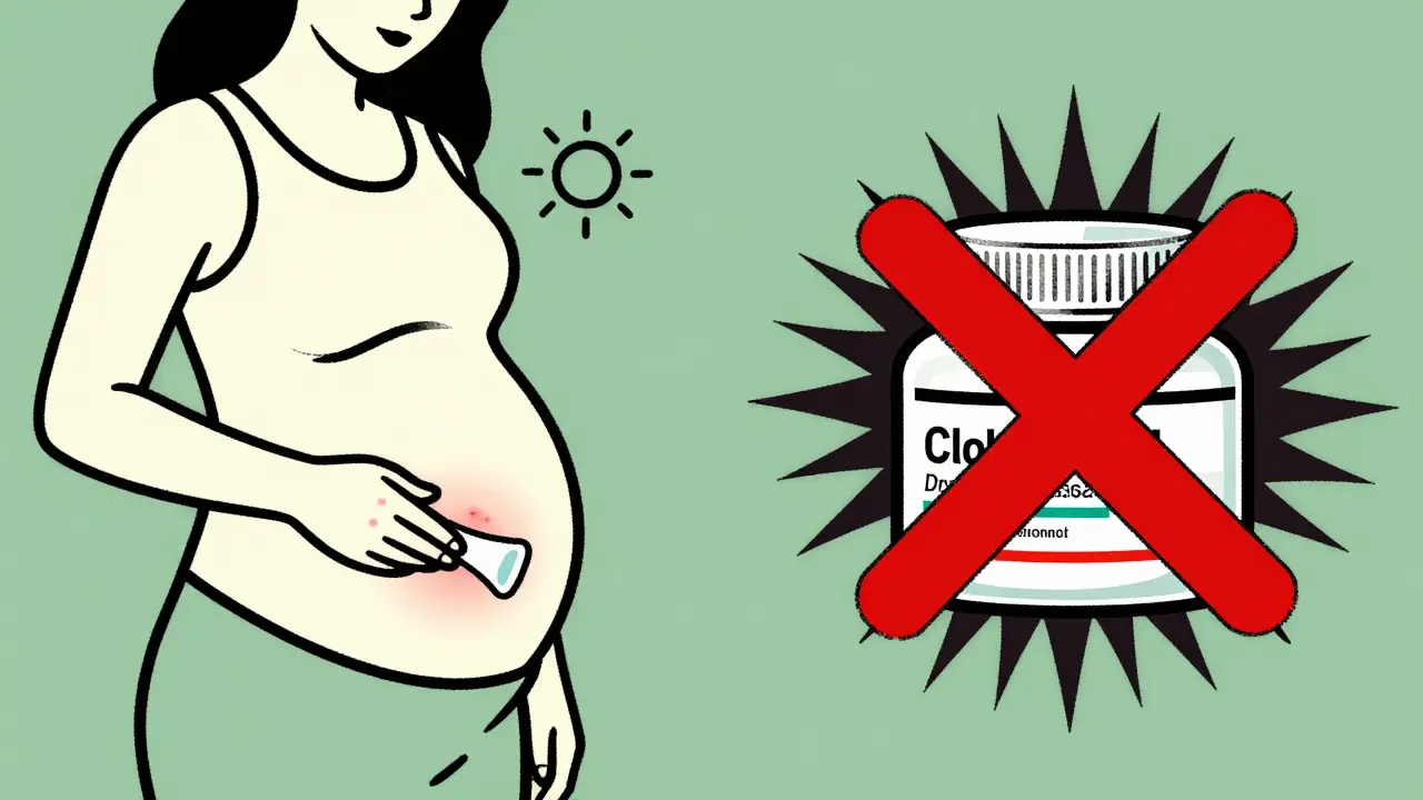 Side-by-side image: safe hydrocortisone use vs. forbidden potent steroid cream with red X symbol.
