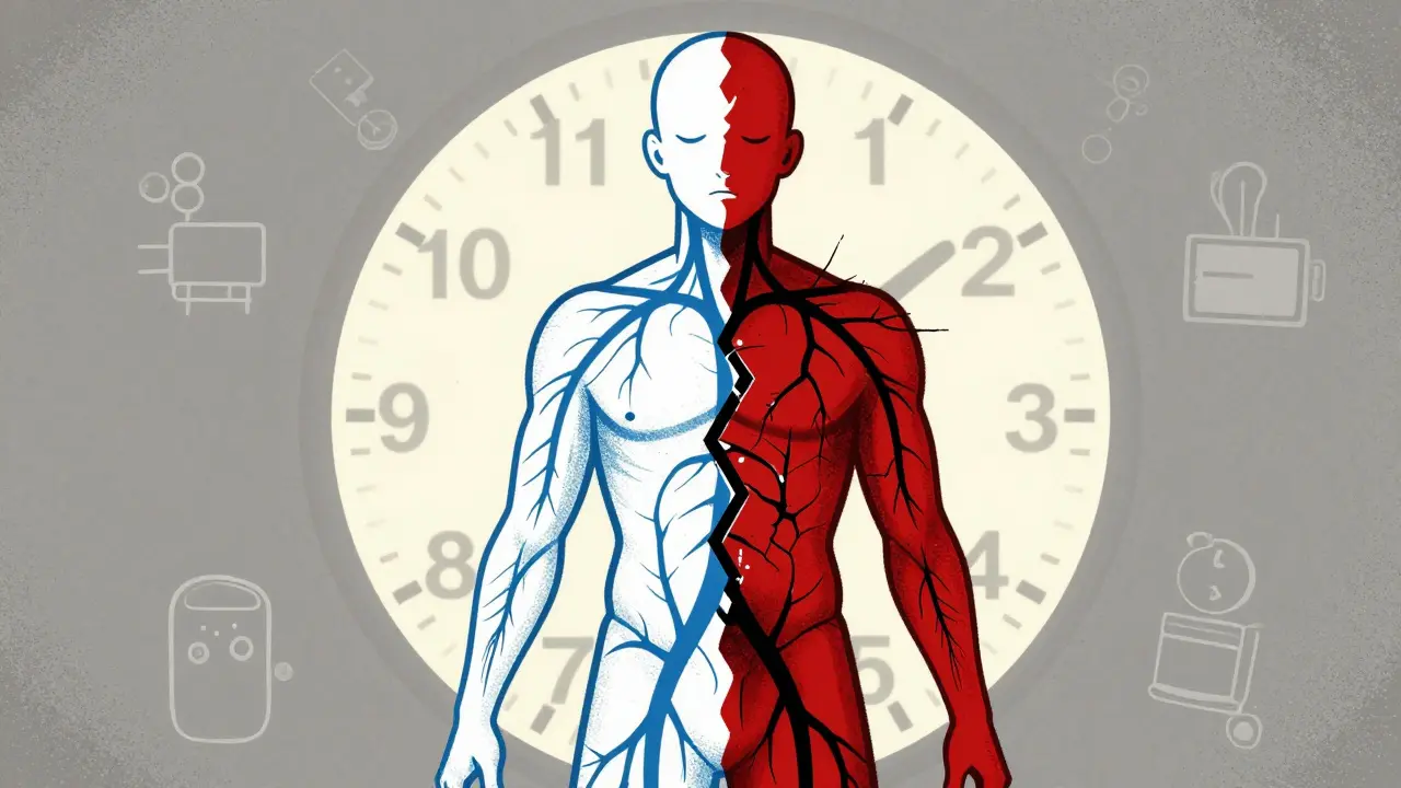 Split-body illustration showing healthy vs. damaged nerves, with time markers and medical warning symbols.