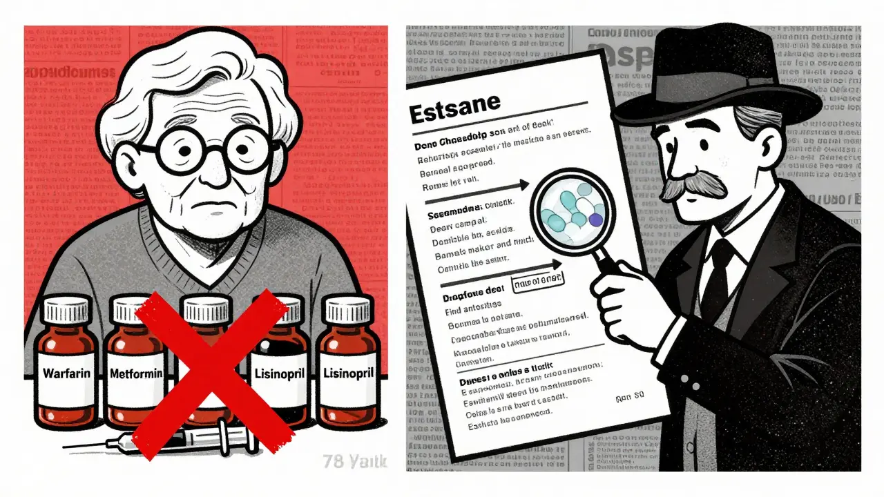 Split image: patient on multiple meds with a crossed-out rechallenge syringe, and a detective examining a drug timeline.