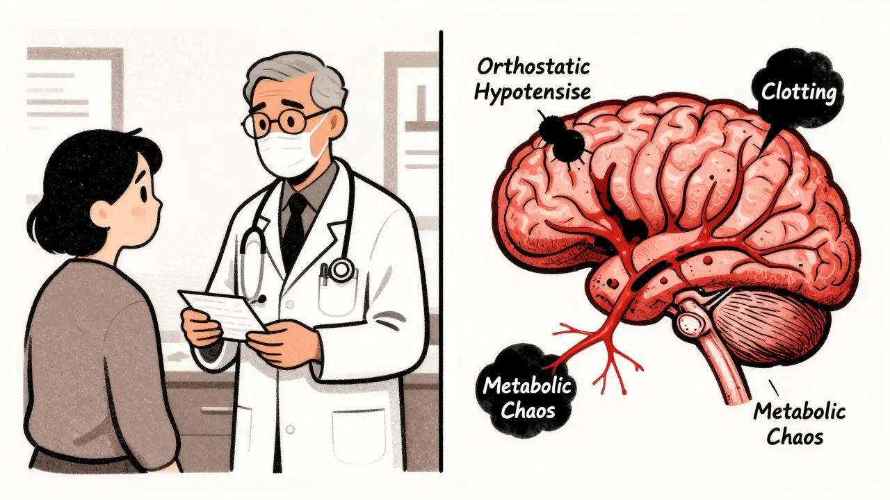 Split scene: doctor giving prescription vs. brain blood vessels collapsing from drug side effects.