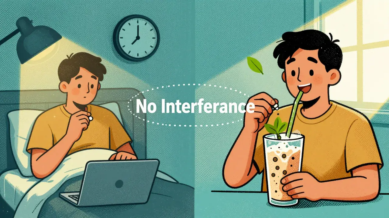 Split scene: person taking thyroid medication at night and drinking pea protein shake in morning, connected by 'No Interference' line.