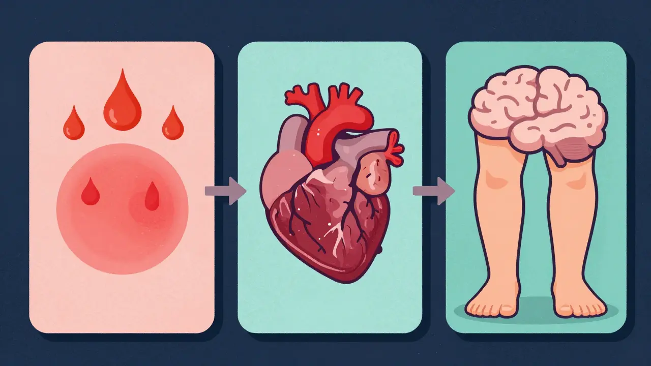 Three-stage medical timeline of Lyme disease with icons for rash, heart, brain, and joint pain.