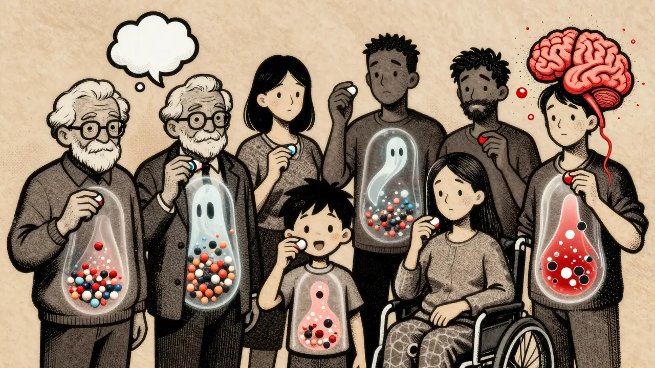 Transparent people with swirling excipient particles inside their bodies, showing biological reactions to additives.