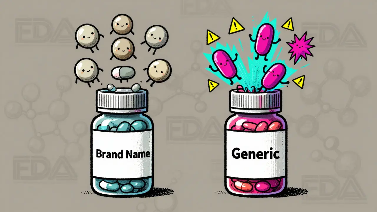 Two pill bottles spilling different excipient characters, one calm and muted, the other jagged and neon-bright.