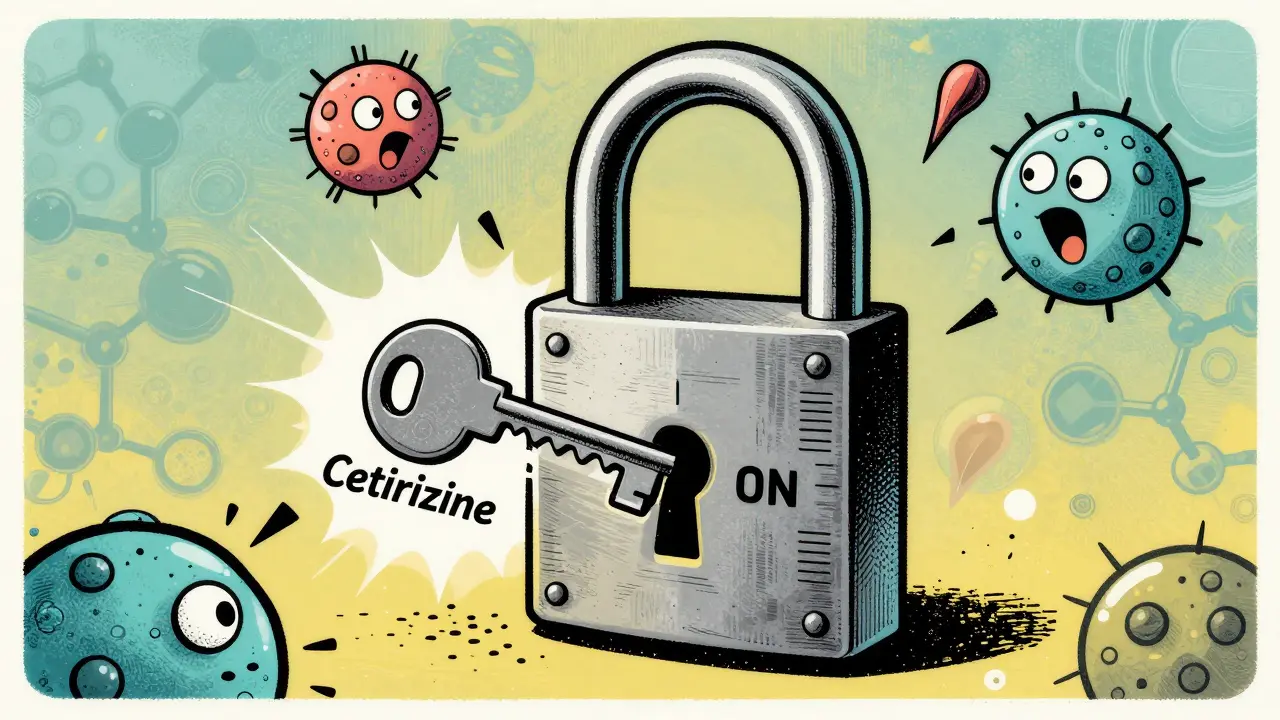 A giant lock labeled H1 receptor being turned ON by a key labeled Cetirizine, with histamine molecules reacting wildly.