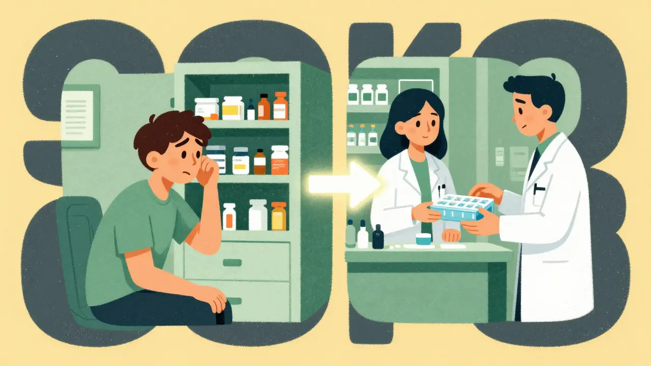 A patient’s confused home medicine cabinet contrasts with an organized pill organizer provided by a pharmacist.