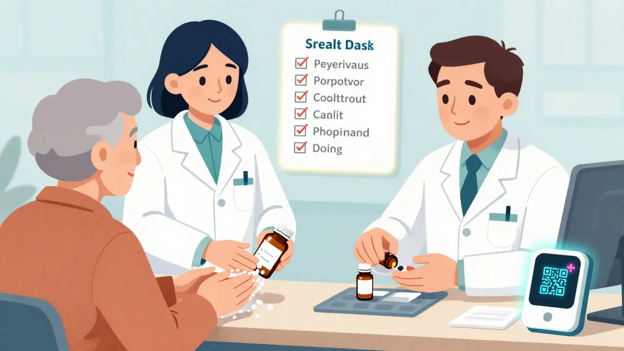 A pharmacist helping an elderly person safely refill a pill organizer step by step.
