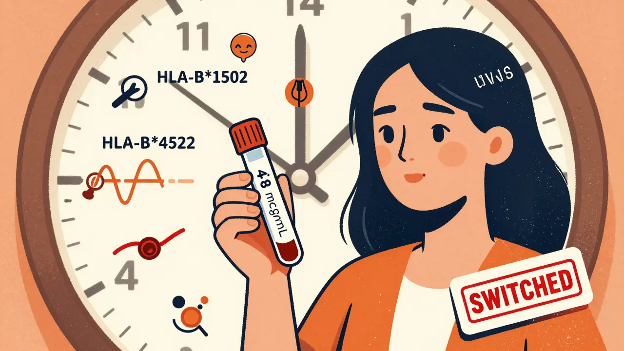 A woman holding a blood test showing low carbamazepine levels, with genetic and hormonal symbols around her.