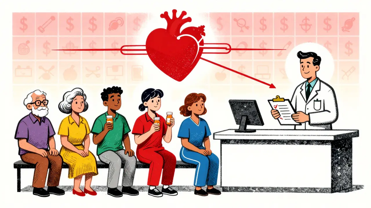 Diverse patients receive personalized medication support from a pharmacist, symbolized by a pulsing heart and interconnected lines.
