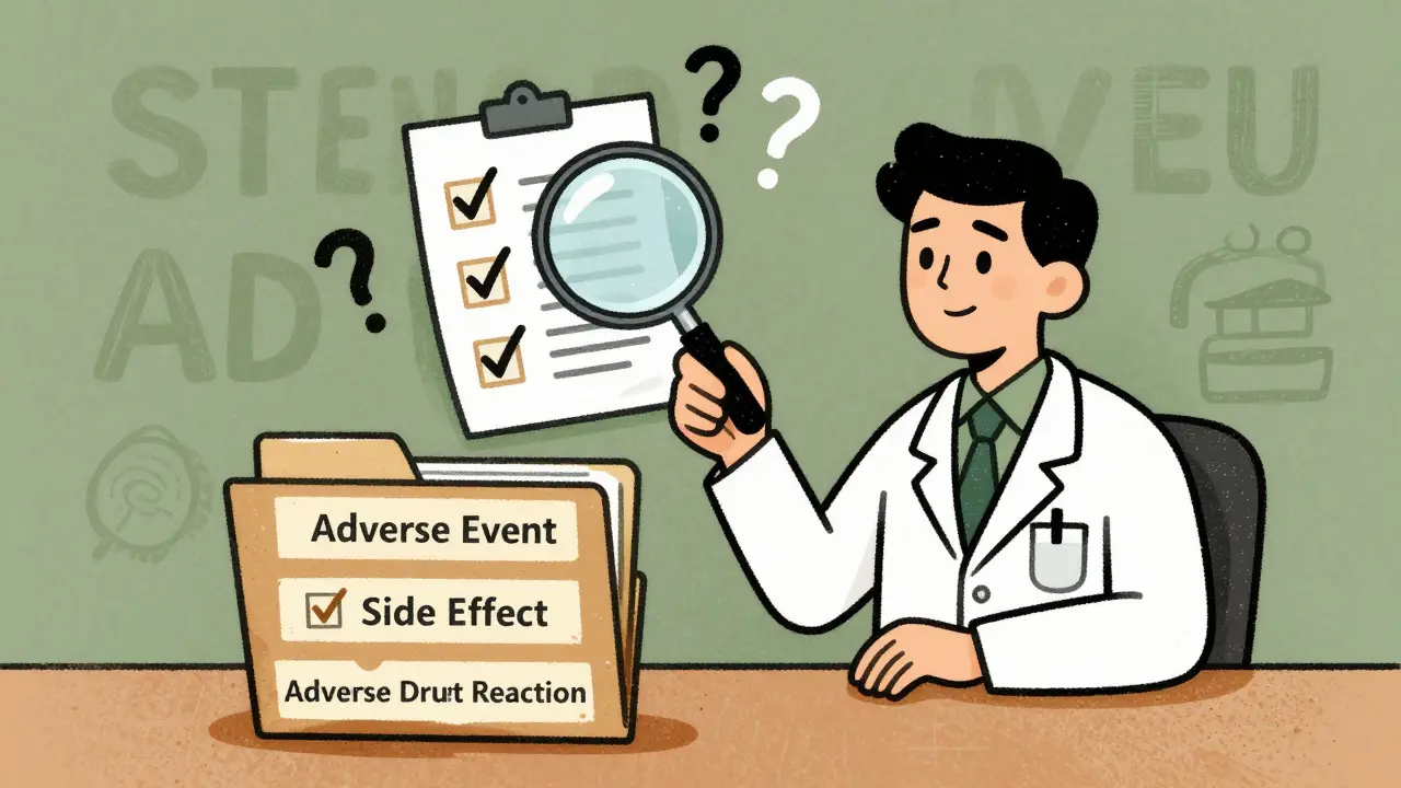 Doctor reviewing three categorized folders for adverse events, side effects, and drug reactions, in stylized screenprint art.