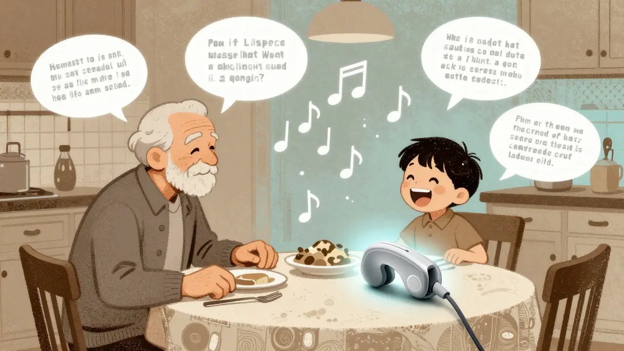 Elderly person at dinner hearing muffled words while grandchild's laughter appears as clear musical notes.