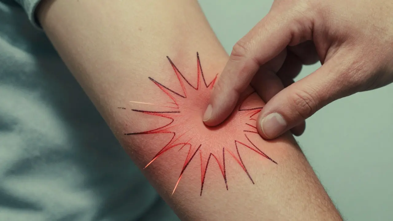 Hand touching arm causing sharp pain lines from light contact