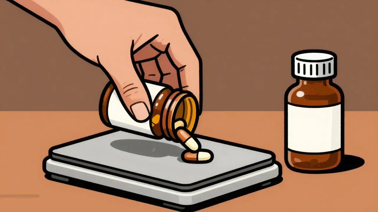 Medical hand reducing opioid dose with methadone bottle nearby