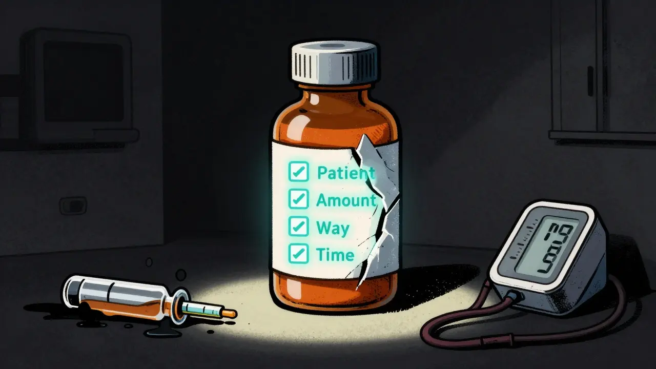 Medication bottle with peeling label revealing glowing checklist of the five rights, symbolic health risks in shadows.