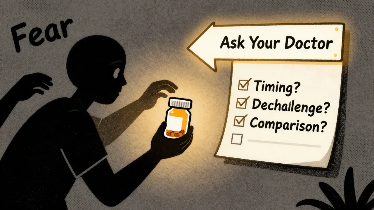 Patient resisting fear of medication while guided by a medical checklist, rendered in muted screenprint colors.