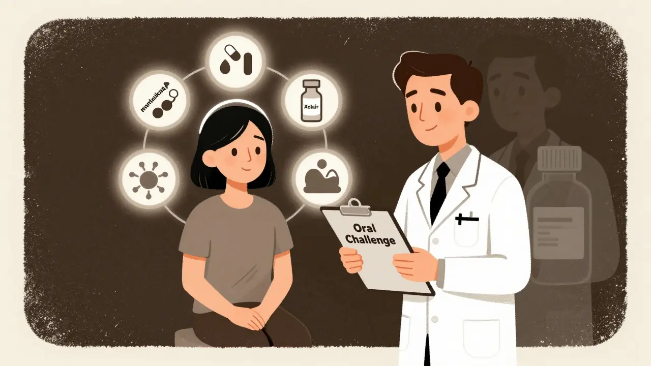 Patient surrounded by alternative treatments like montelukast and Xolair, with a fading antihistamine bottle in the background.