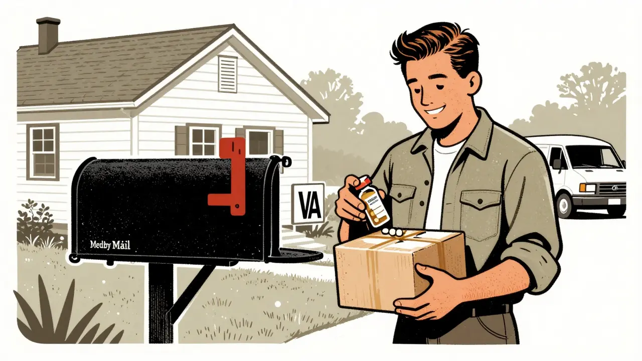 Rural veteran receiving VA mail-order medication package at home.