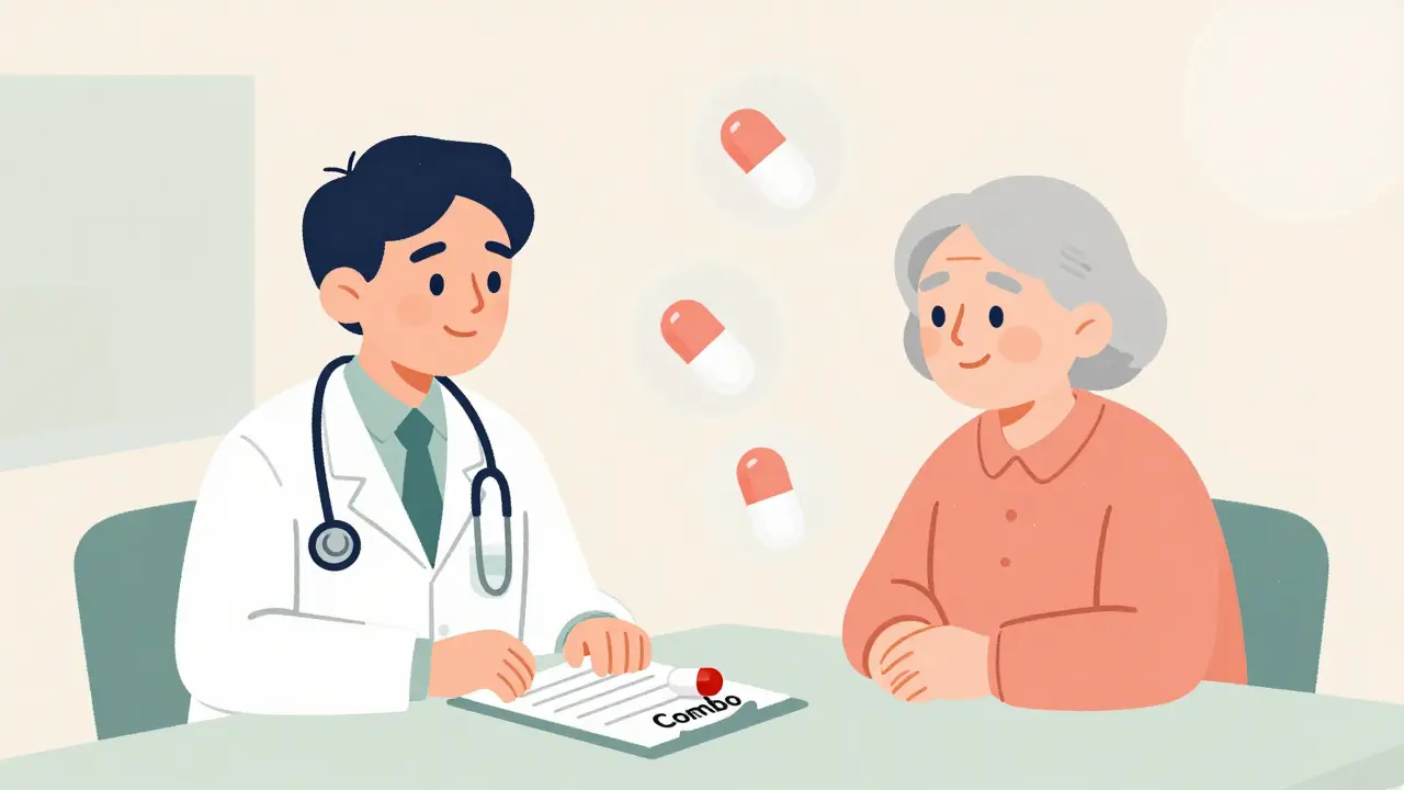 A doctor and senior patient discussing a single combination pill at a clinic table.