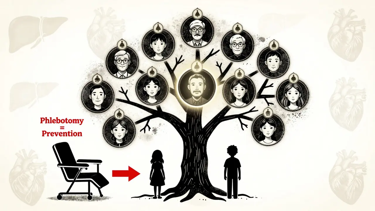 A family tree showing genetic iron overload, with a phlebotomy chair symbolizing prevention.