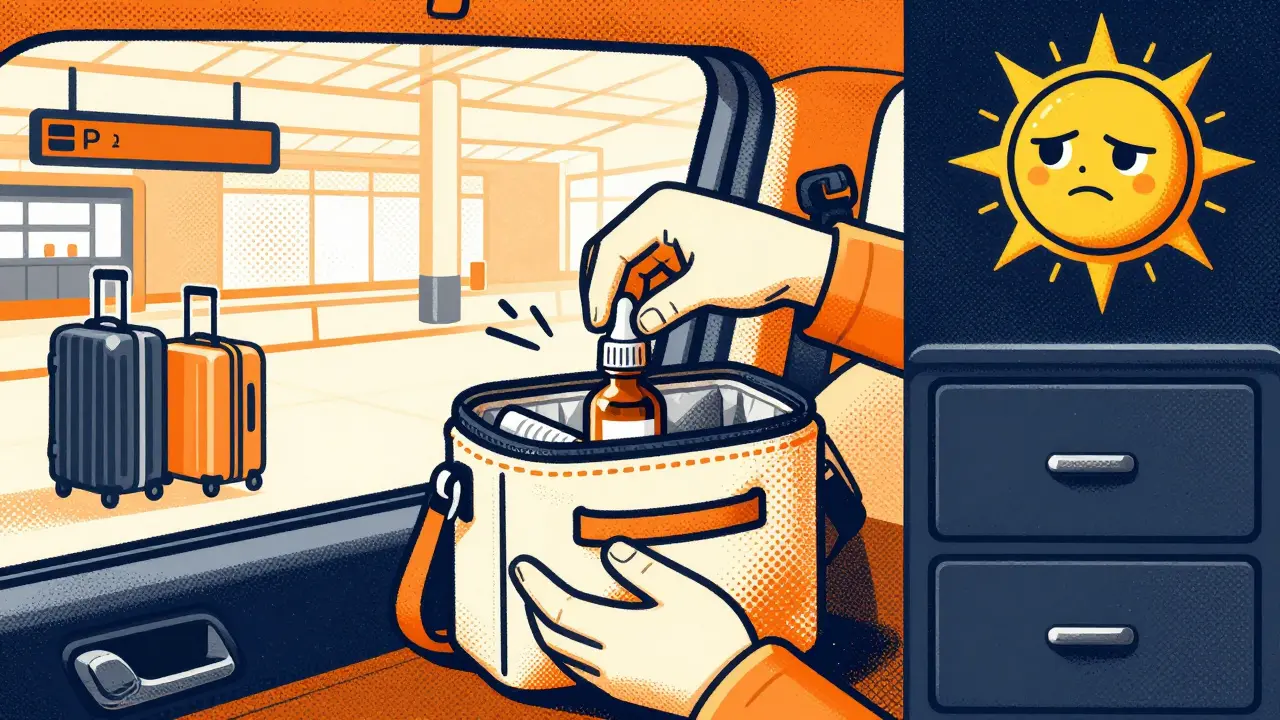 A traveler placing eye drops into a UV-protective travel bag while a cartoon sun watches from outside a car window.