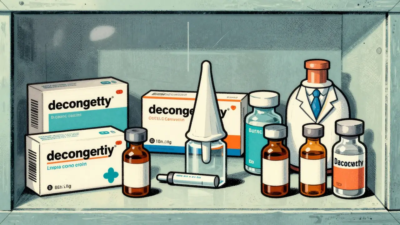 Assorted medication boxes separated by a glass barrier