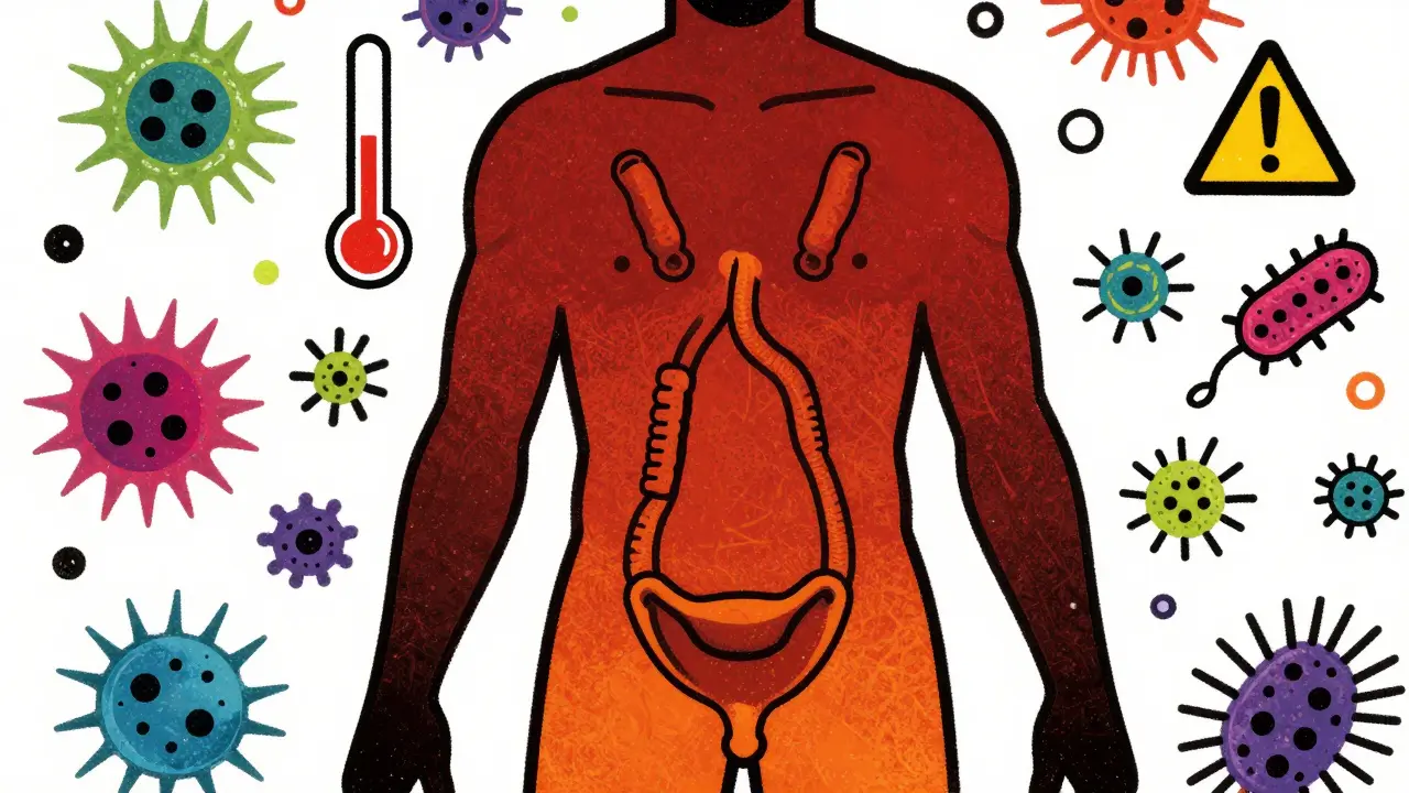 Conceptual illustration of urinary tract infection risk with microbes.