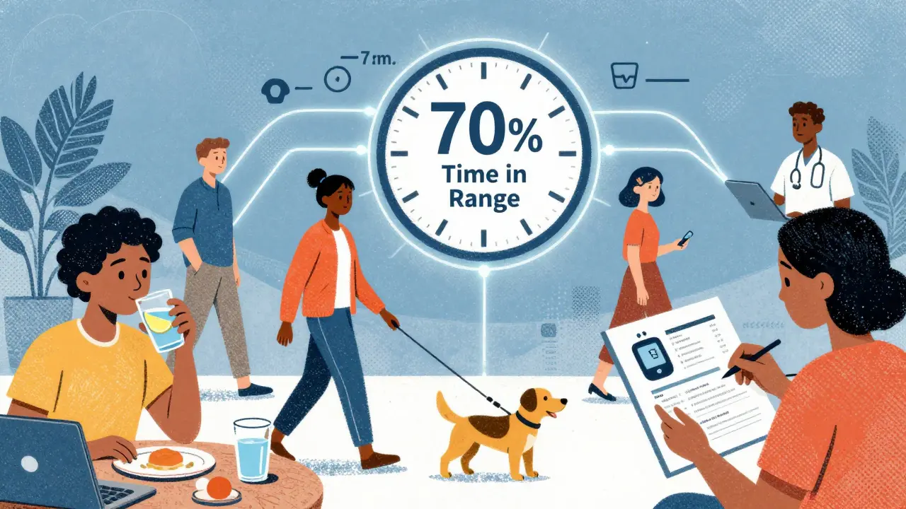 Diverse individuals managing diabetes through CGM data, connected by glowing data lines leading to a clock marked 70% Time in Range.