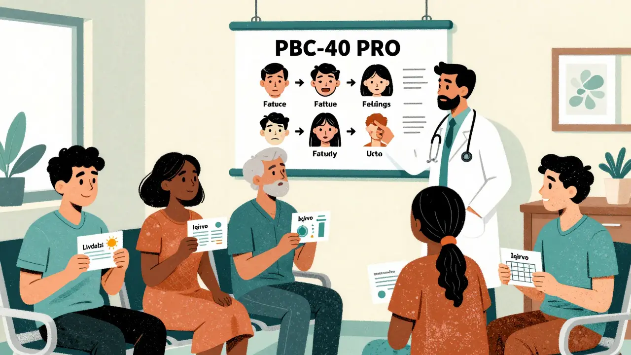 Diverse patients in clinic holding personalized treatment cards under a PBC-40 PRO survey poster.