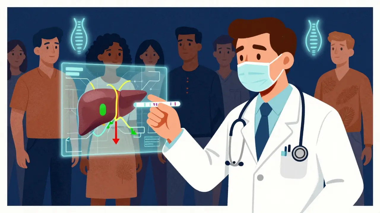Doctor holding a genetic test that projects a map of drug pathways in the body.