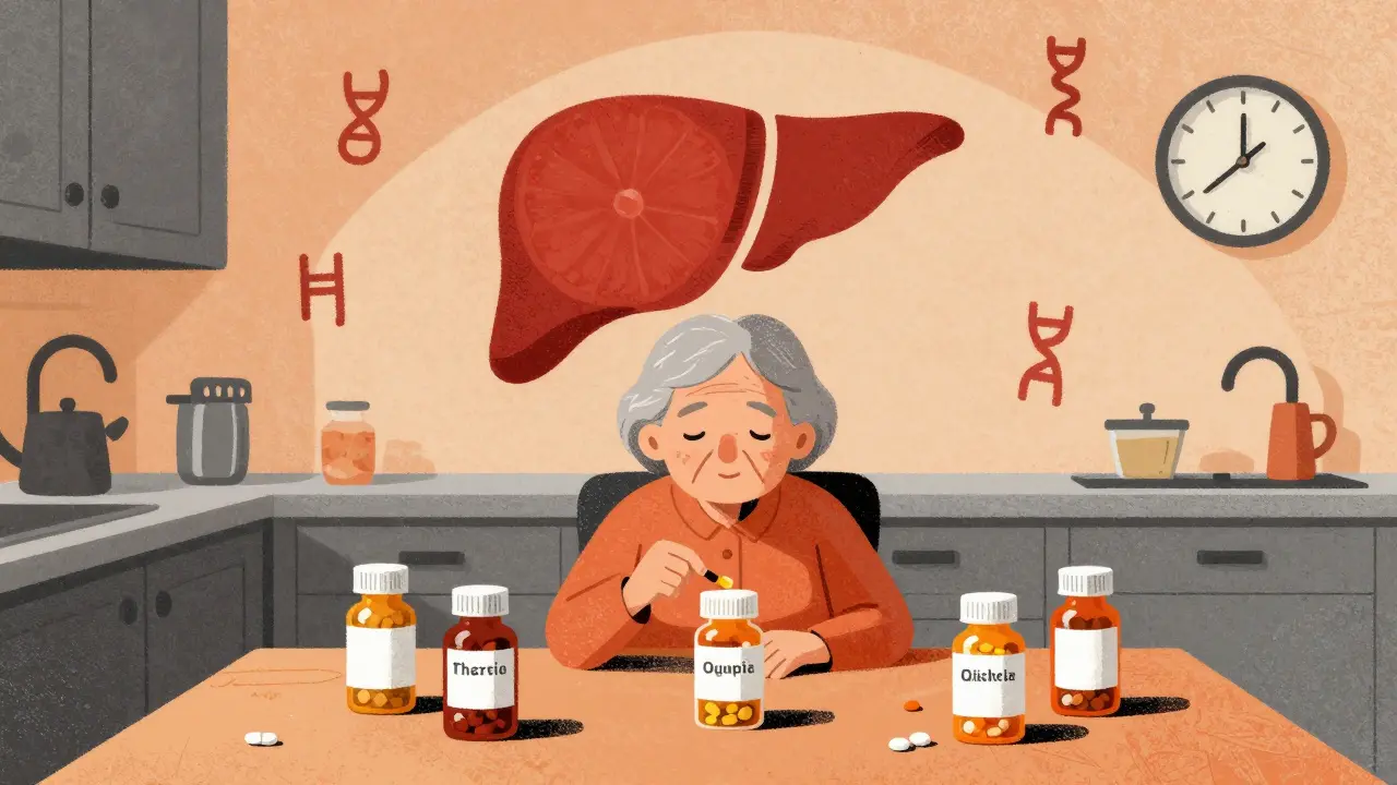 Elderly woman with multiple pill bottles and a grapefruit casting a shadow over her liver.