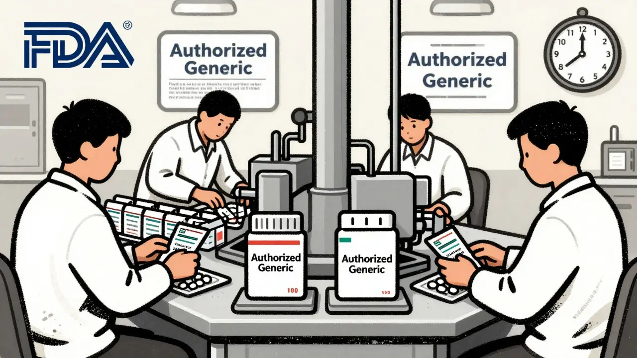 Factory assembly line producing identical pills under two different labels, with FDA stamp and patent clock in background.