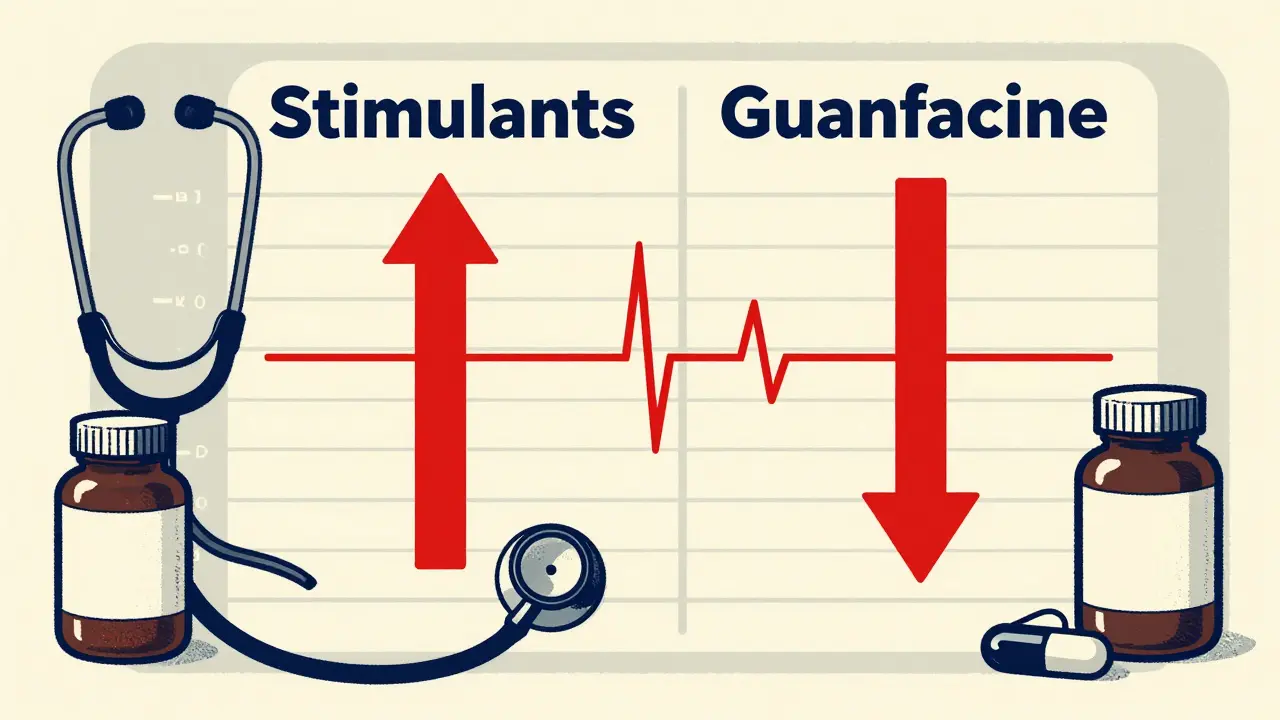 Medical chart comparing stimulant and guanfacine effects on heart rate and blood pressure with pill bottles.