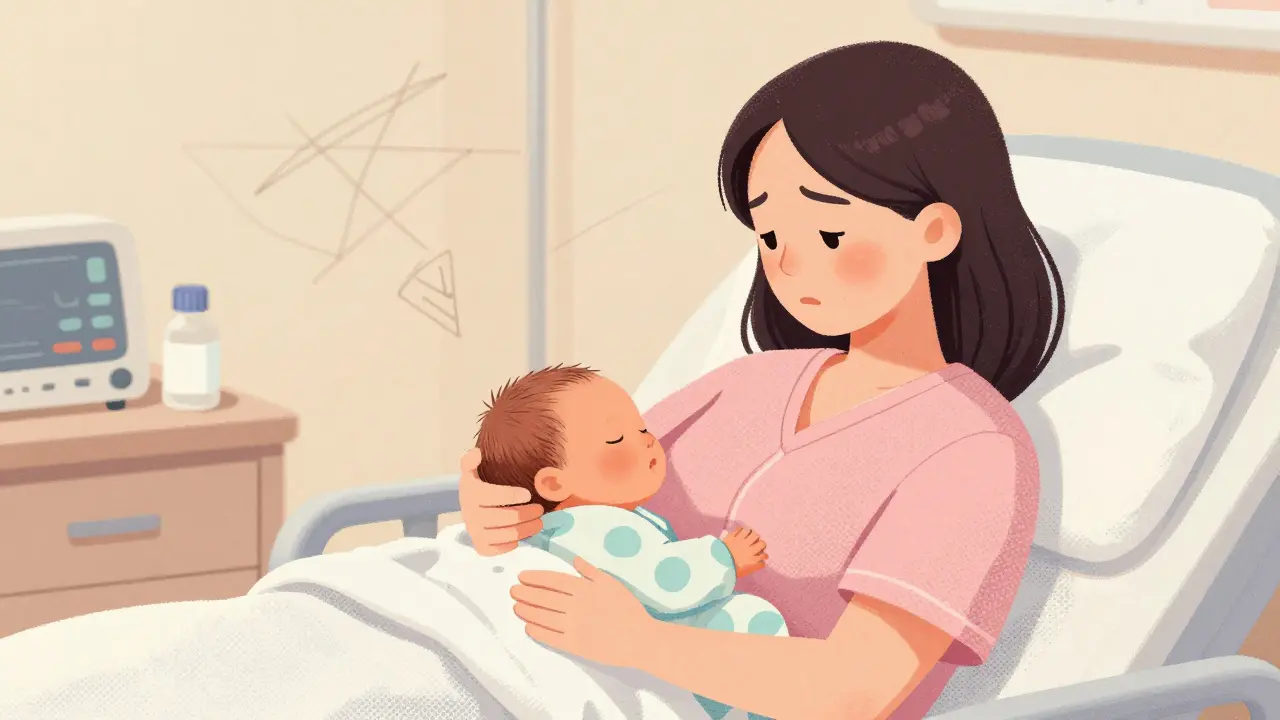 New mother holding baby while finding relief from medication side effects