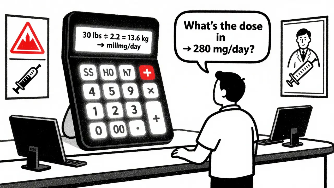 Parent asking pharmacist about milligram dose while a floating calculator shows weight conversion from pounds to kg.