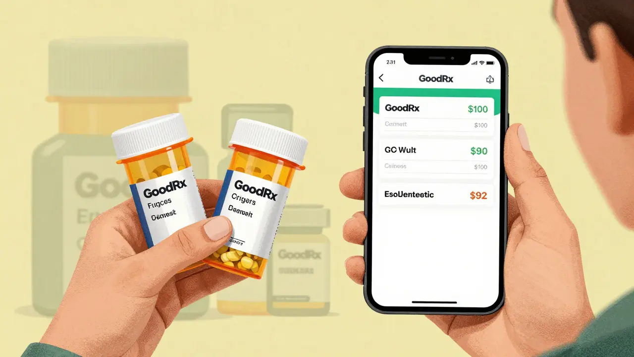 Patient comparing prescription prices on phone, holding two bottles with transparent factory overlay showing identical pills.