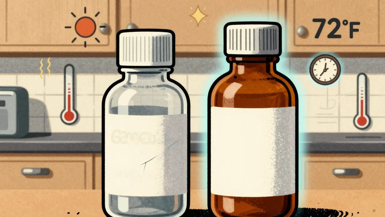 Side-by-side comparison of a degraded clear bottle and a protected amber bottle in a kitchen cabinet with a temperature display.