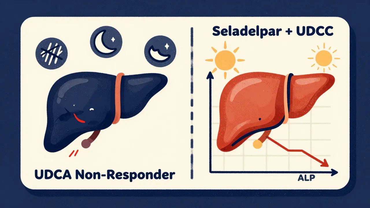 Split liver diagram comparing non-response to treatment with improved health on new therapy.