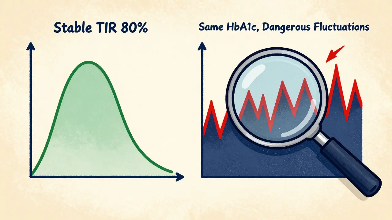 Two side-by-side glucose trend lines: one smooth and stable, the other jagged, with a magnifying glass revealing hidden highs and lows.