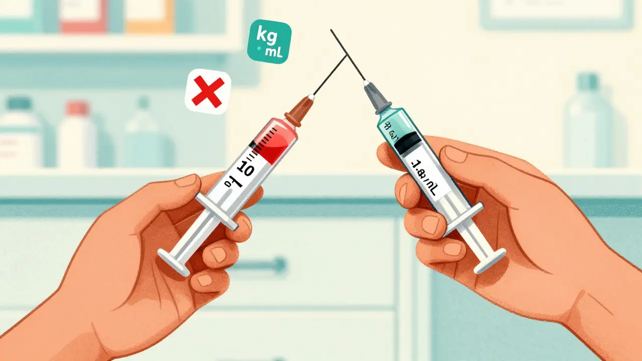 Two syringes side by side: one marked '10 mL' with a red X, the other '1.8 mL' next to correct concentration info.