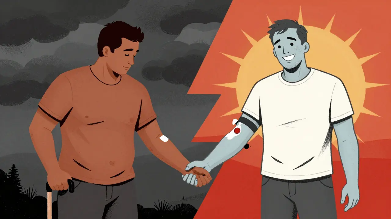 Two versions of a man: one sick with bronze skin, another healthy after blood donation.