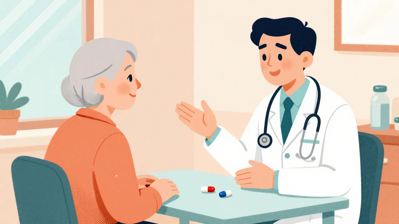 A screenprint of a doctor explaining medication differences to an elderly patient.