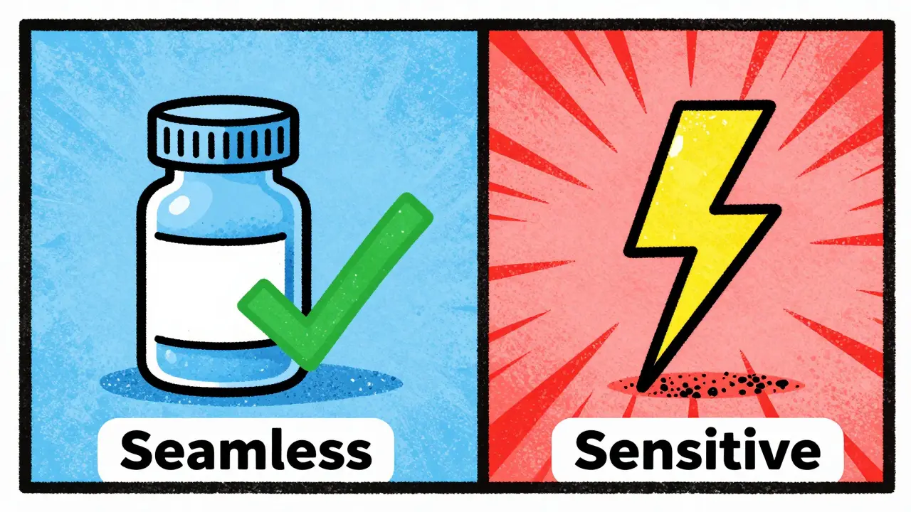 A split illustration contrasting a successful drug switch with a high-risk medical reaction.