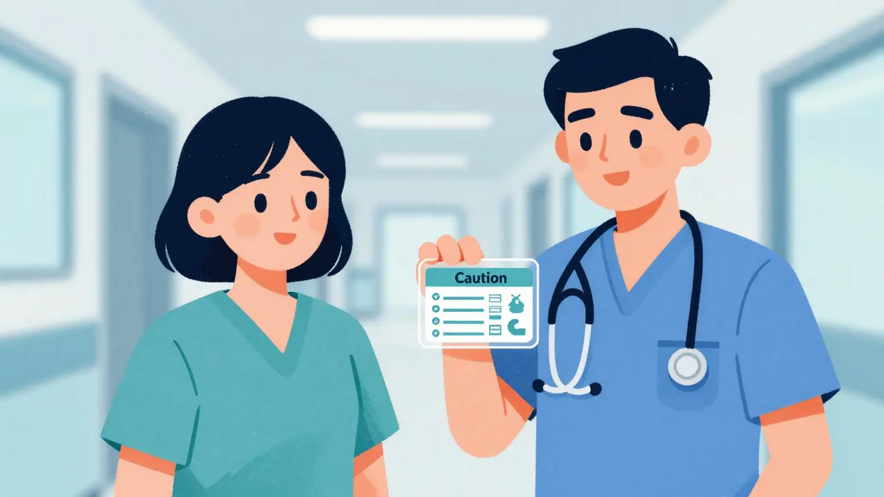 Caregiver showing a medical alert card to a healthcare provider in a hospital.