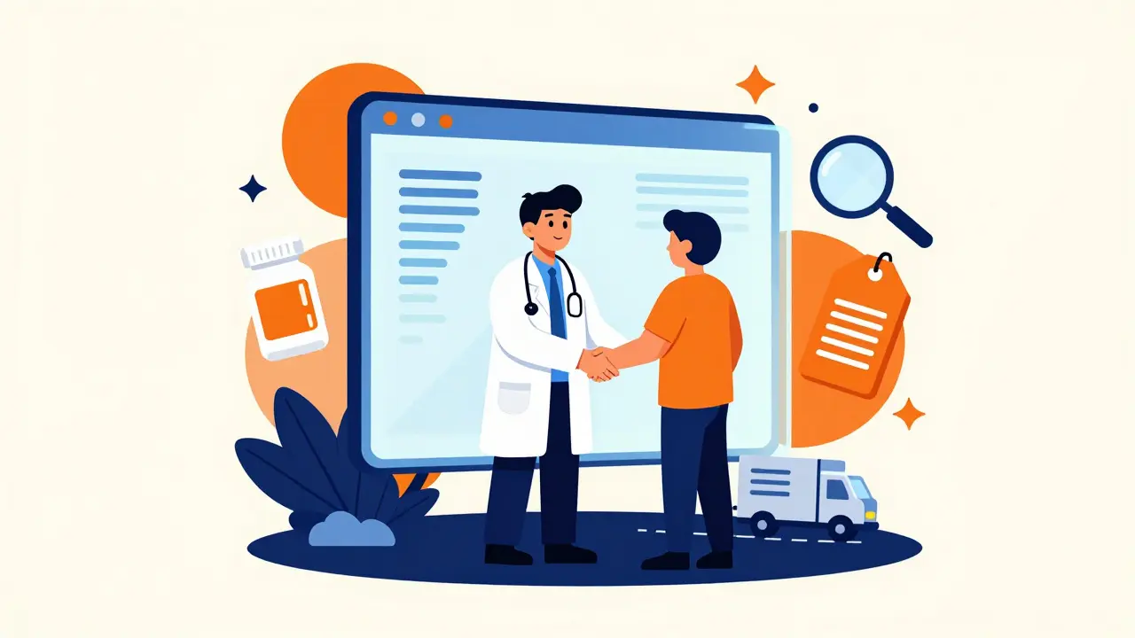 Cartoon of a patient having an online medical consultation for a prescription.