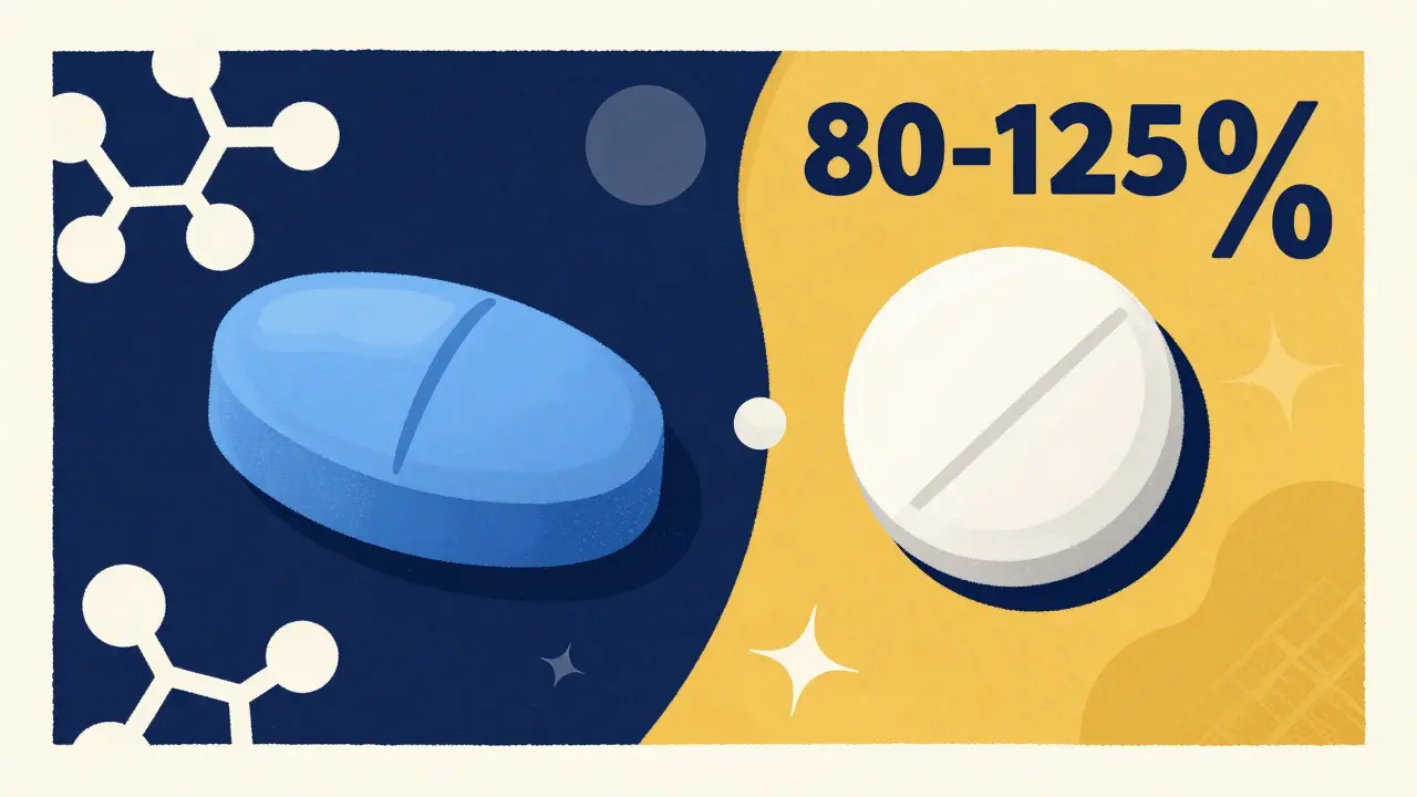 Comparison of a blue oval brand pill and a white round generic pill